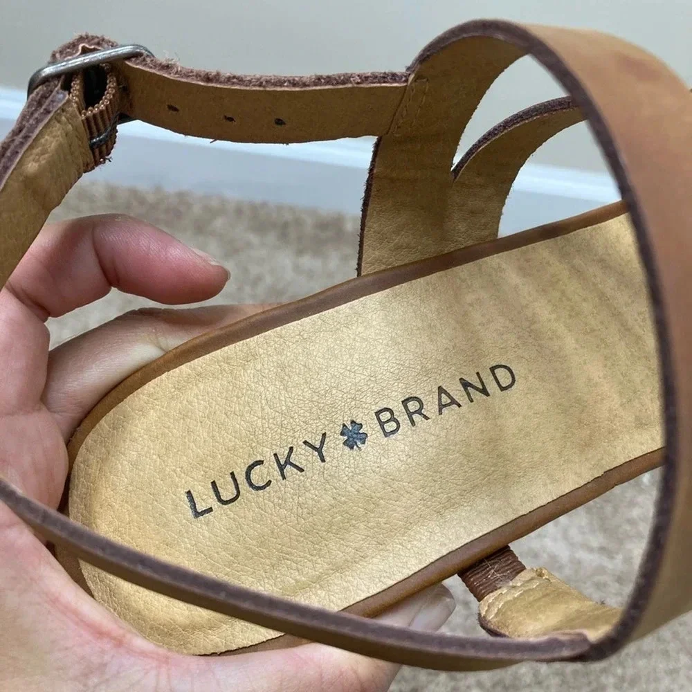 Lucky brand Latinaa strappy wedge sandals brown leather faux wood